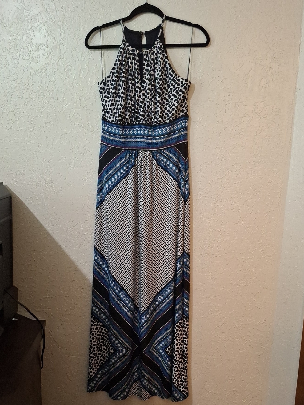 London Style Blue and Black Patterned Halter Maxi Dress